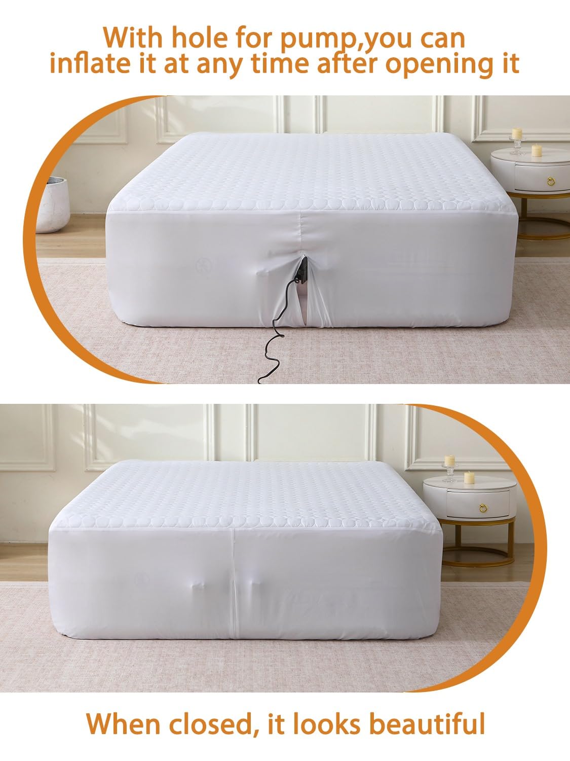 Bedecor Queen Quilted Air Mattress Pad with Pump Access Zipper,Air Bed Protector Cover, Deep Pocket Fits 18-24 Inch Blow Up Beds, Quiet & Breathable,White Oval
