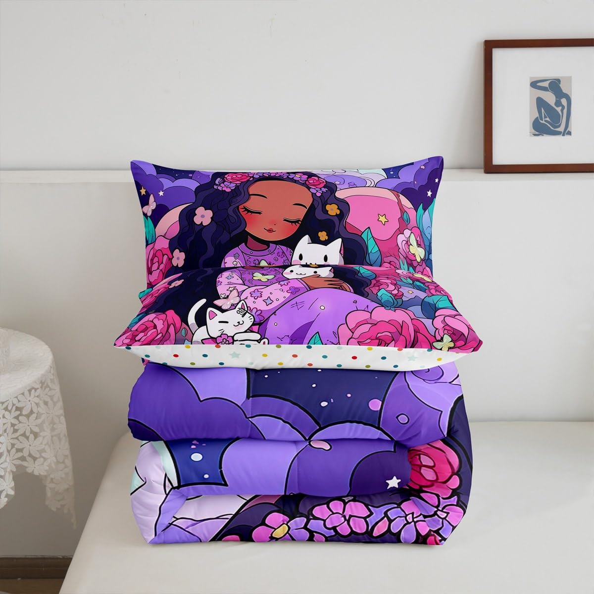 Erosebridal Black Girls Bedding Set Afro Girl Twin Comforter Set for Girls,Cat Flowers American African Princess Magical Quilt for Toddler Kids Teenager,Cute Room Decor