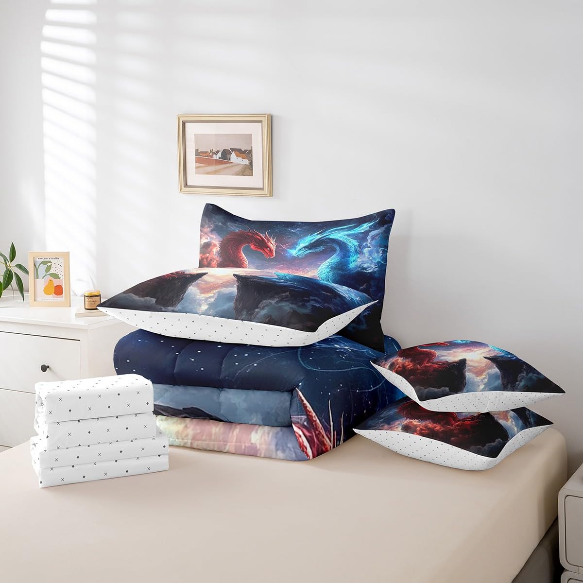 7 Pieces Blue Red Dragon Comforter Set Queen,Western Magical Animal Bed Set for Kids Boys Girls,Fire and Ice Bedding(1 Comforter,1 Fitted Sheet,1 Flat Sheet,2 Pillowcases,2 Throw Pillow Cover)