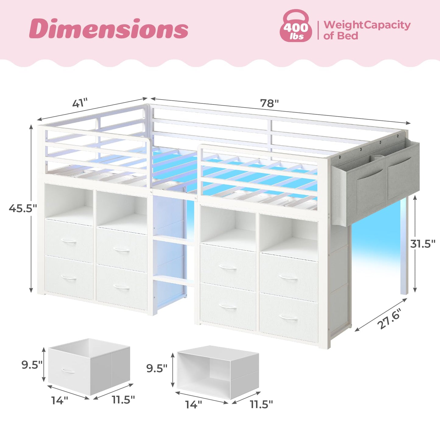 ADORNEVE Low Loft Bed Twin Size with 8 Storage Drawers, Twin Loft Bed with Bookcase and LED Lights, Metal Kids Loft Bed with 14" H Safety Guardrail, Under-Bed Play Space, No Box Spring Needed, White