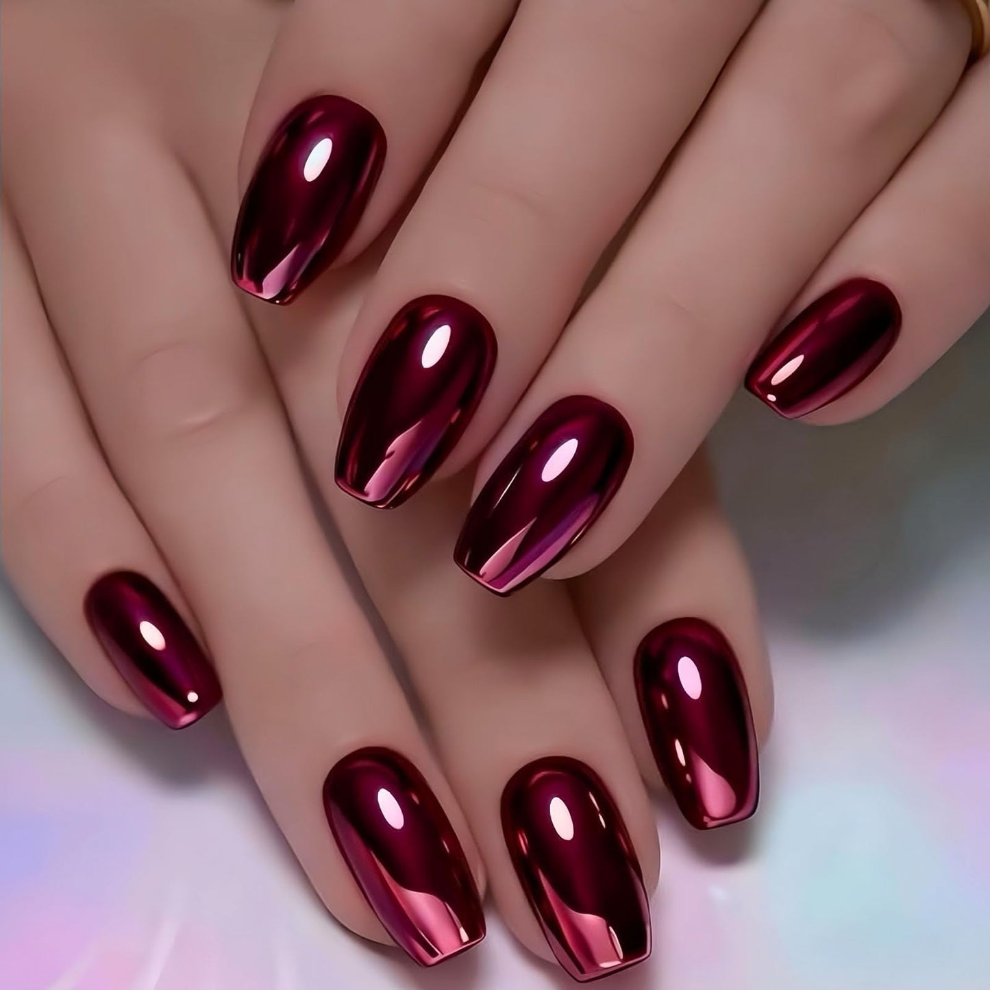 RUOKEXIN Medium Length Press on Nails Square Fake Nails Red Chrome False Nails Full Cover Nail Press ons Sparkly Artificial Nails for Women 24Pcs