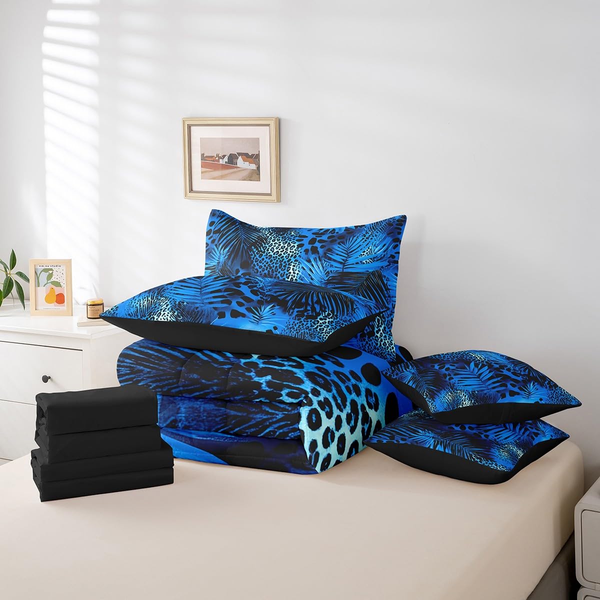 Erosebridal Blue Cheetah Print Comforter Set 7 Piece Bed in a Bag Twin,Botanical Leaf Bedding Sets Big Cat Wild Animal Hide Sheet Set with Comforter,African Safari Animals Fur Bed Set