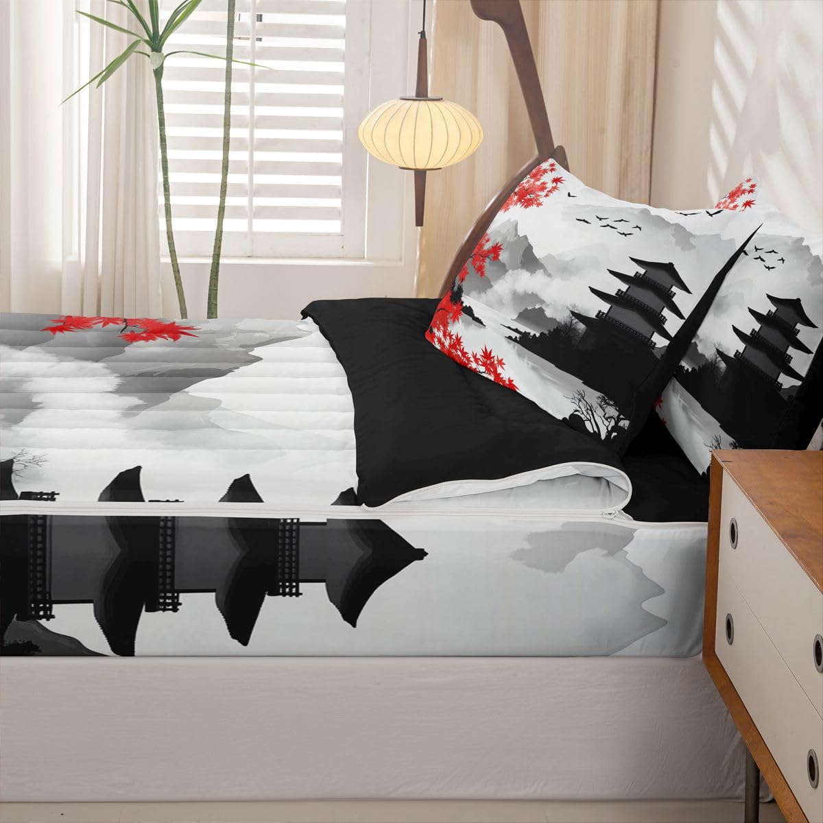 Erosebridal Japanese Ink Painting Kids Comforter Set with Zipper, Traditional Japanese Twin Size Zipper Bedding Set, Red Maple Trees Bed-in-A-Bag