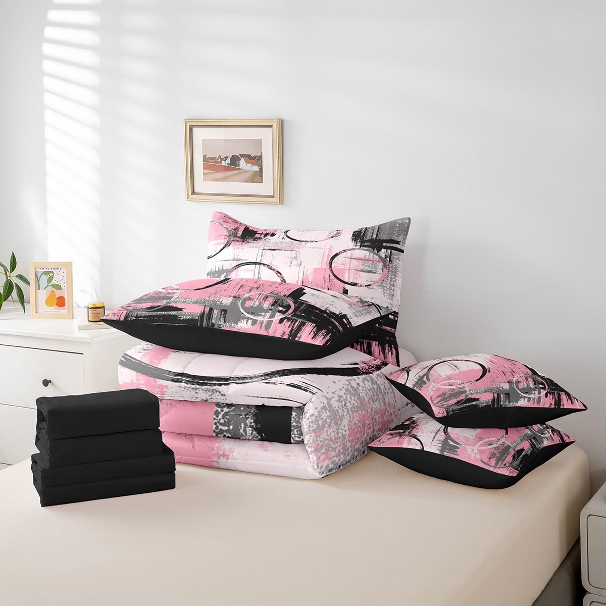 Feelyou Geometric 7 Piece Bedding Set Full Size for Kids Boys Girls Teens Toddler Modern Abstract Art Comforter Set with Sheets Black Pink Bed in a Bag Tie Dye Bed Set