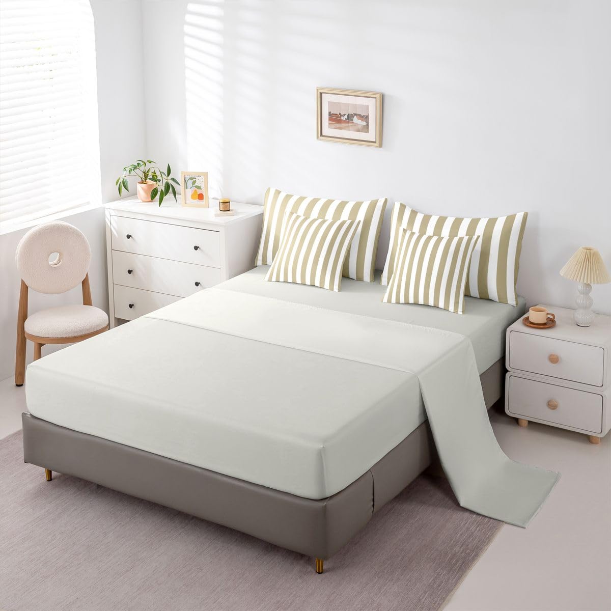 Erosebridal Beige and White Striped King 7-Piece Comforter Set Khaki Modern Abstract Striped Bedding Set with Sheets for Kids Teens Adults - Pinstripe Geometric Bed in a Bag Modern Trendy Bed Sets