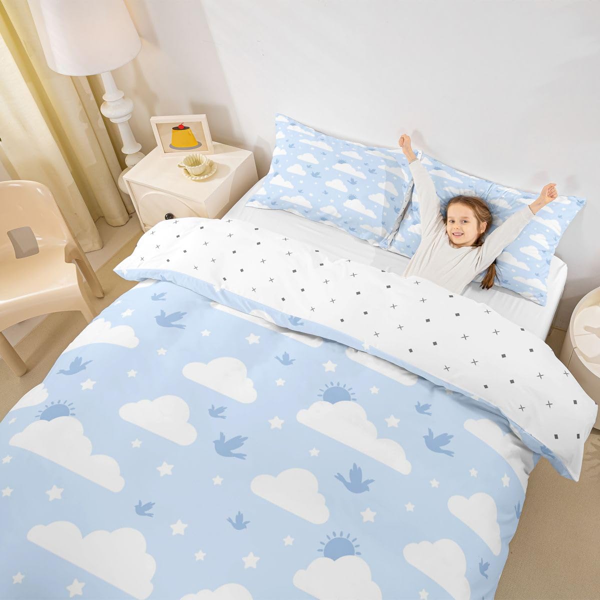 Erosebridal Cloud Duvet Cover Twin Star Pattern Bird Comforter Cover for Kids Teens Cartoon Cloud Sky Bedding Set Blue Sky and White Clouds Bed Set