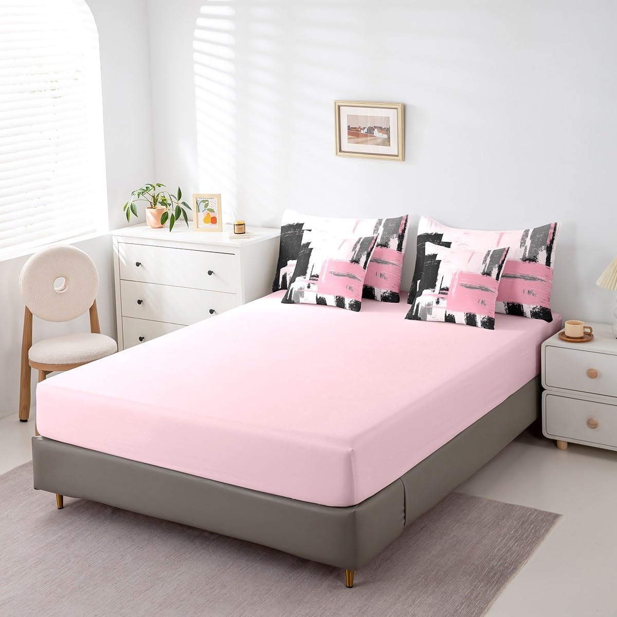 Feelyou Abstract Bed Set Includes Comforter, Sheet Set, Pillowcases & Pillow Covers Modern Abstract Art 7 Piece Bedding Set Children Pink Black Pattern Bedding Set Queen Size
