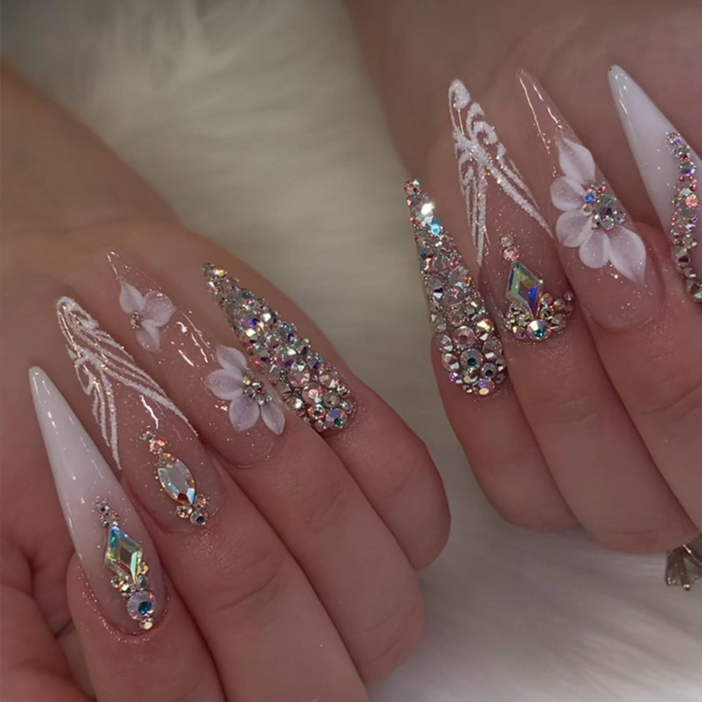 SINHOT Stiletto Press on Nails Long Fake Nails Glossy Glue on Nails Luxury Rhinestones Acrylic Nail White Bling Glitter Almond Artificial Nail Stick on False Nail with Design 24pcs