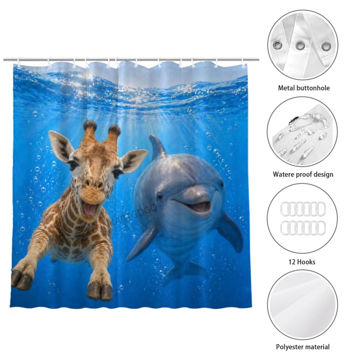 LFINKARTGOGO Ocean Giraffe Shower Curtain 72x72 with 12 Hooks Underwater Animal Dolphin Waterproof Washable Polyester Bath Curtain for Home Hotel Decor