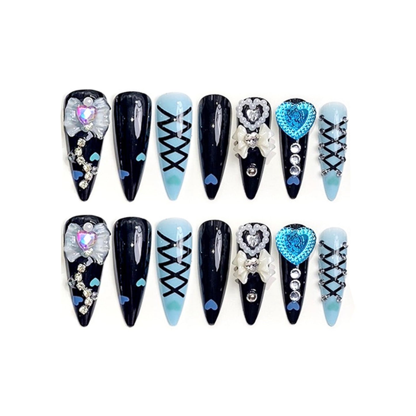 SINHOT Stiletto Press on Nails - Long Fake Nails, Glossy Finish, Handmade Luxury Charms & Black Blue, DIY Artificial False Nail Art - 24 Pcs Nail Kit with Glue
