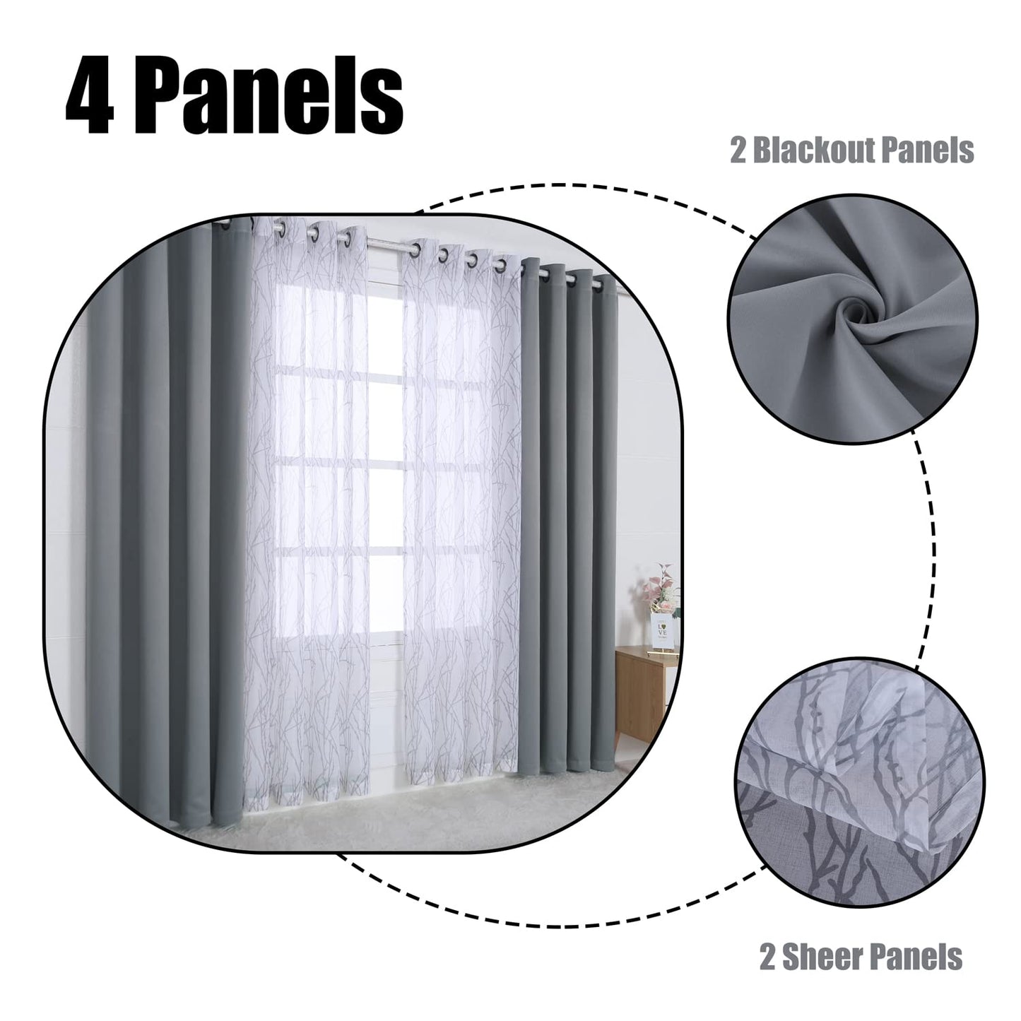 BONZER Mix and Match Curtains - 2 Pieces Branch Print Sheer Curtains and 2 Pieces Blackout Curtains for Bedroom Living Room Grommet Window Drapes, 37x63 Inch/Panel, Light Grey, Set of 4 Panels