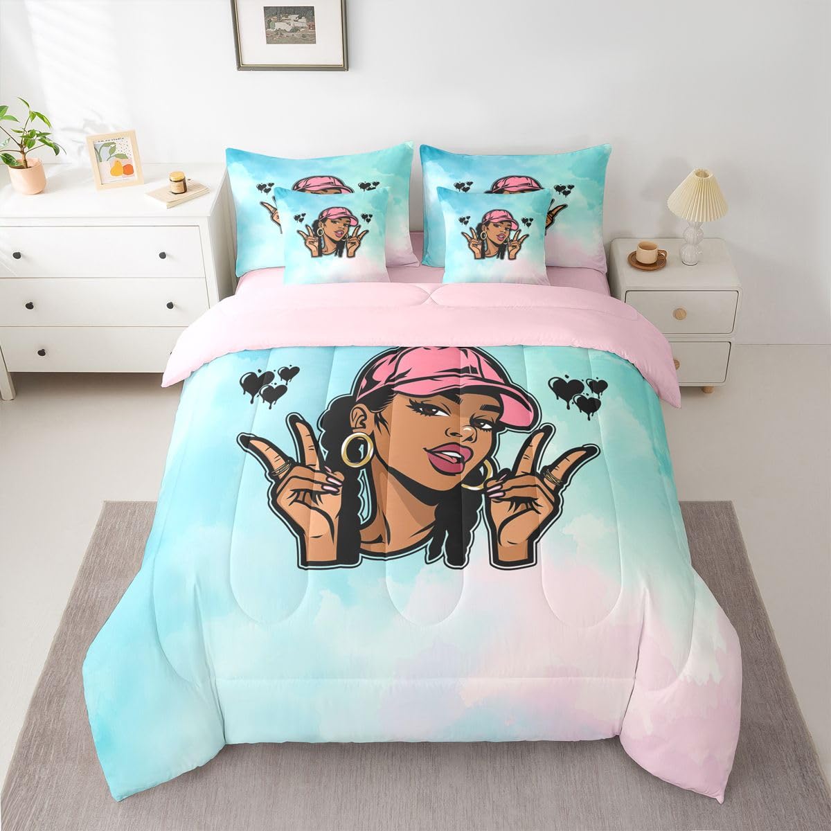 Erosebridal Cute Black Girl Twin Size Bedding Set Hip Hop Pink Hat Y2K 7 Pieces Comforter Set with Sheets for Teens Women Cool African American Bed in a Bag Tie Dye Gradient Pastel Bed Sets