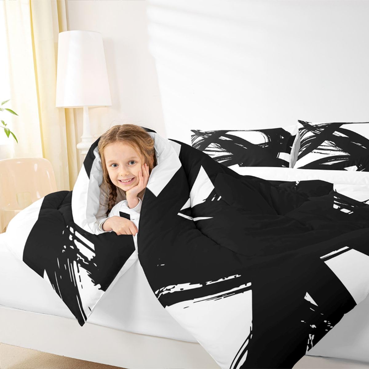 jejeloiu Black and White Comforter Set King Size， Abstarct Bedding Set for Kids Boys Girls Modern Stripe Neutral Art Duvet Quilt Bedroom Decor Microfiber 3 Pcs with 2 Pillow Cases