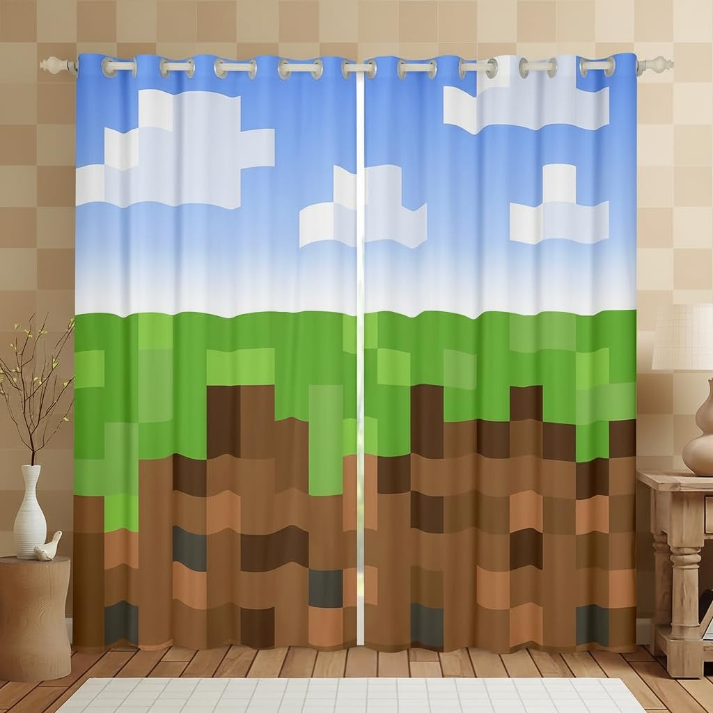 Castle Fairy Pixel Grid Miners Window Curtain | Pixelated Games Window Drapes for Kids Bedroom Decor,Geometric Grid Blackout Curtains Brown Green Army Camo Living Room Top 2 Panels,38Wx54L