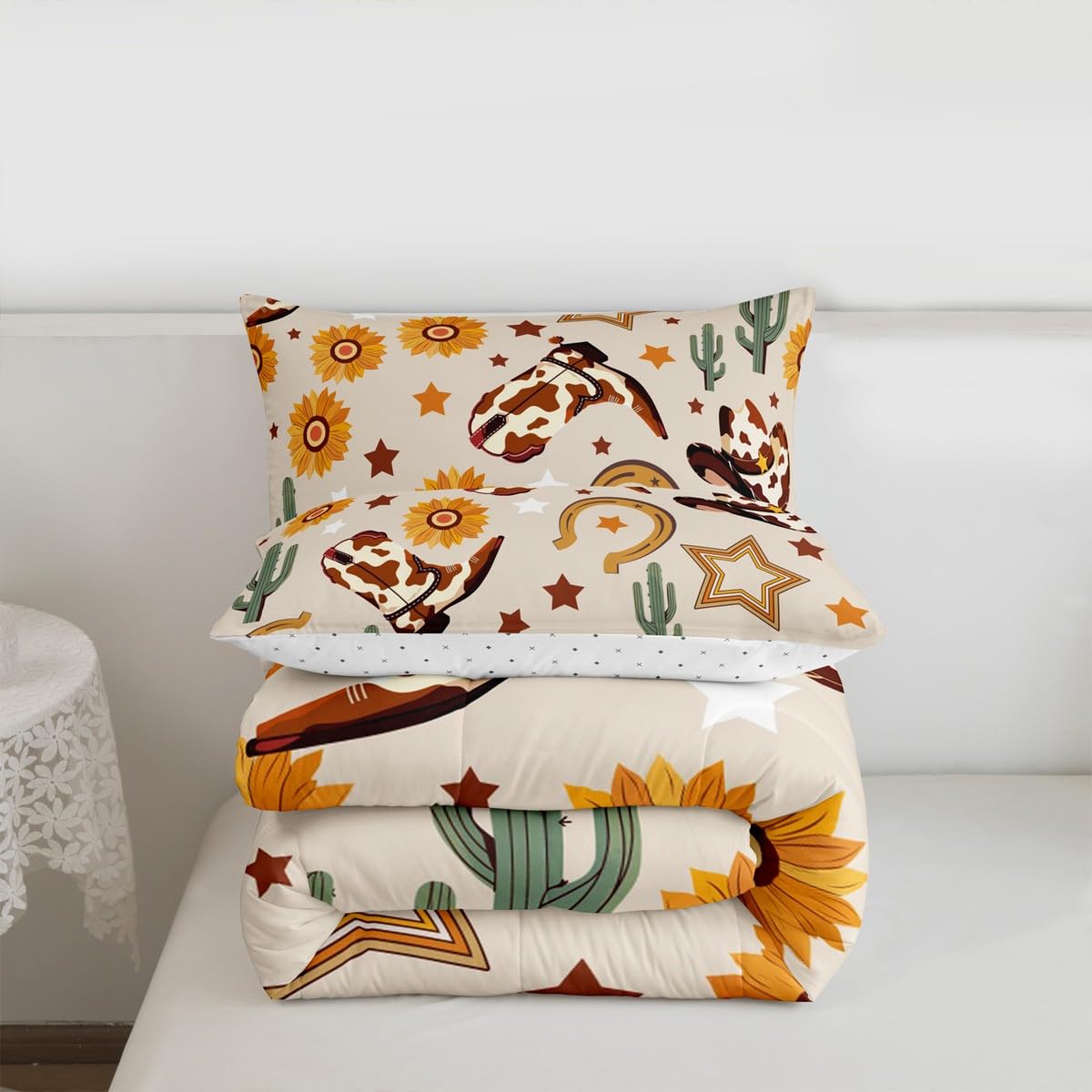Feelyou Western Comforter Set Full Size Cowgirl Bedding Set for Kids Boys Girls Western Cowboy Boots Duvet Quilt Wild West Cactus Flower Bedroom Decor Beige Microfiber 3 Pcs with 2 Pillow Cases