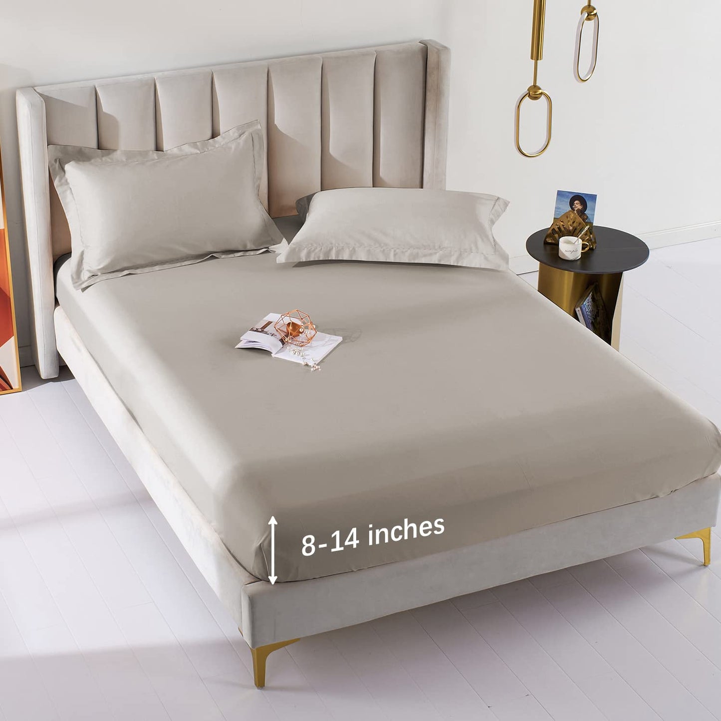 MILDLY Deep Pocket Fitted Sheet Only Queen Size 60"x80" 100% Long Staple Cotton Linen Grey Oatmeal Color Breathable Bottom Sheet Fits Up to 14" Deep Mattress