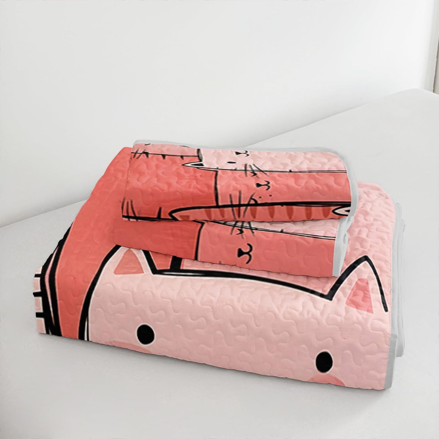 AILONEN Full Quilted Comforter 3 Piece Set, Kawaii Kitten Bedspread Coverlet with 2 Pillowcases, Breathable Coral Pet Bedding for Teens Guest Apartment Playful Feline Sketchy Style