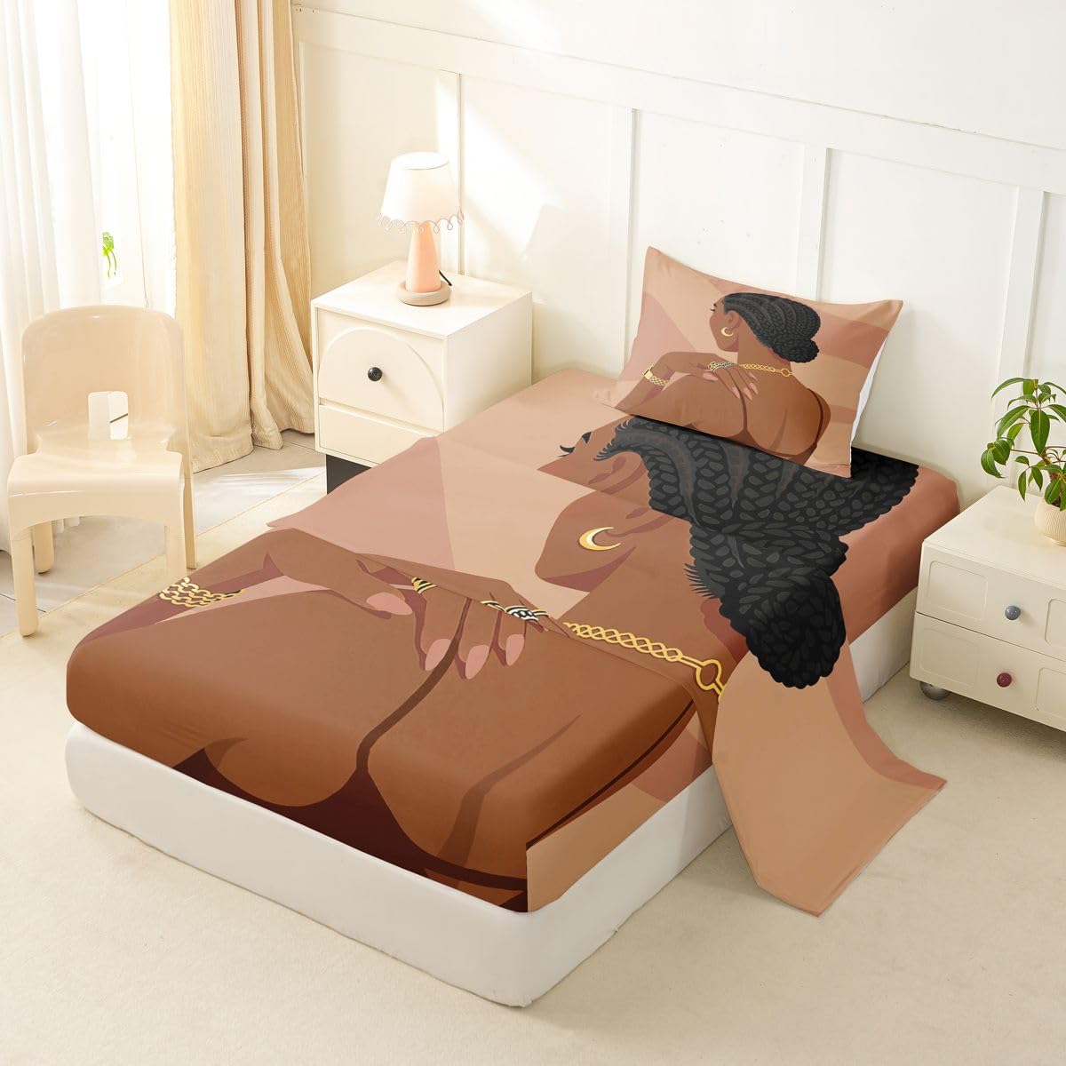 Erosebridal Fashion Black Woman Fitted Sheets Twin Size 3 Piece Romantic Makeup Themed Girls Sheet Set Fashionable Gorgeous Bed Sheets Vogue Afro Girls Top Sheet for Kids Teens Adult Bedroom