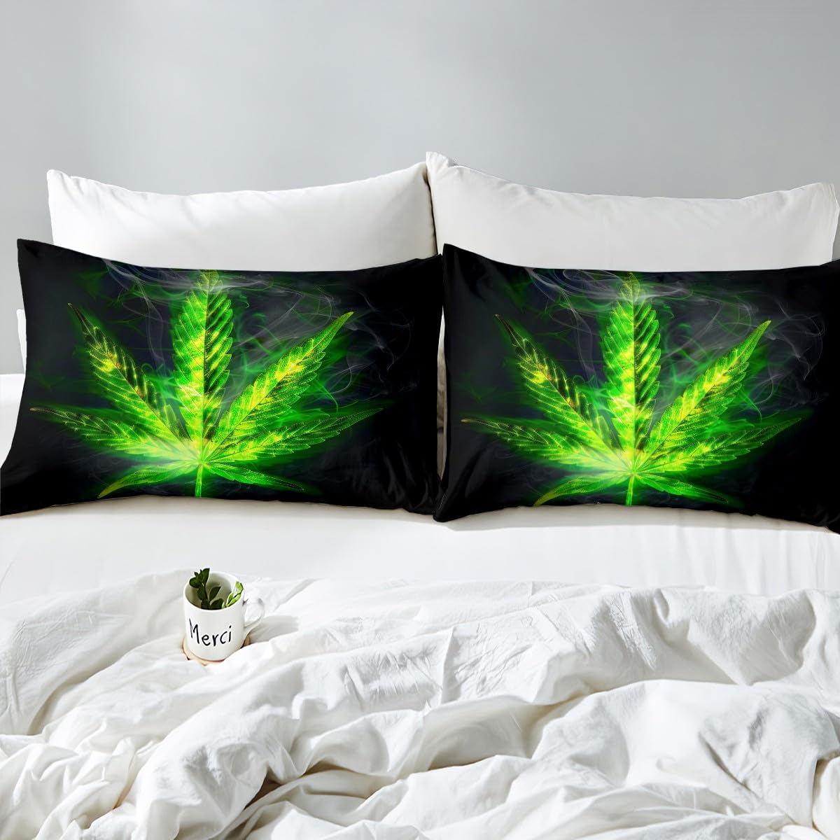 Erosebridal Bohemia Leaves Duvet Cover, Boho Plant Leaf Comforter Cover Queen Size for Kids Teens Adult, Bohemia Vibrant Green Bedding Set Bedroom Decor with 2 Pillow Cases, Green Black