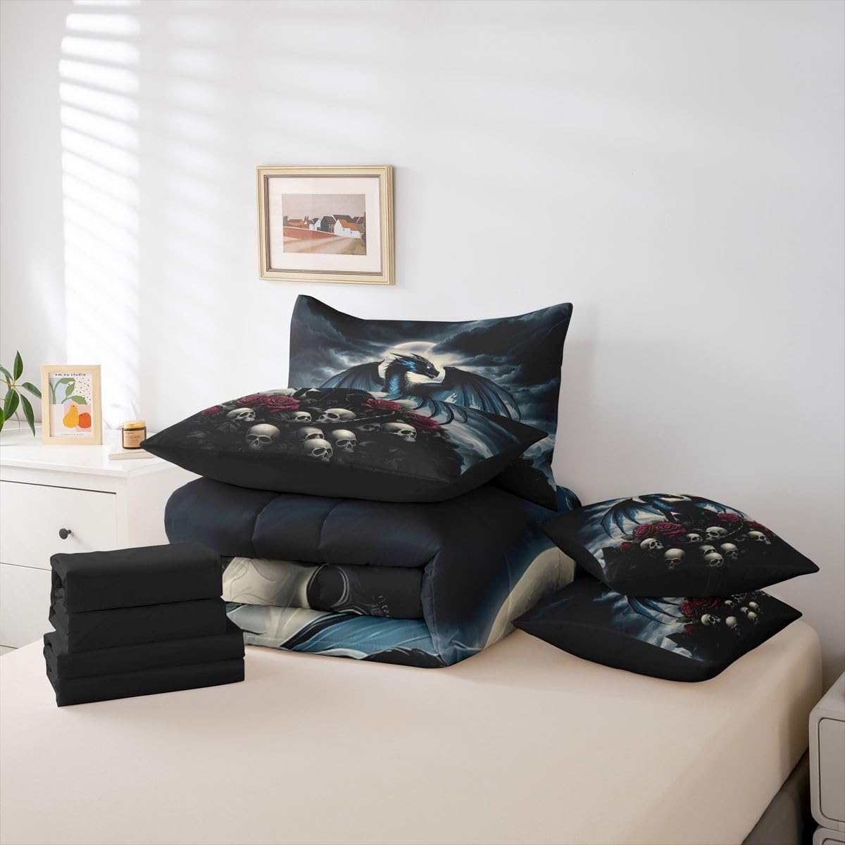 Feelyou Dragon Twin Comforter Set with Sheets for Kids Boys Girls Dragon Stuff 7 Pieces Bedding Set Wild Life Bed in a Bag Magic Wildlife Room Decor Blackish Soft Lightweight Microfiber
