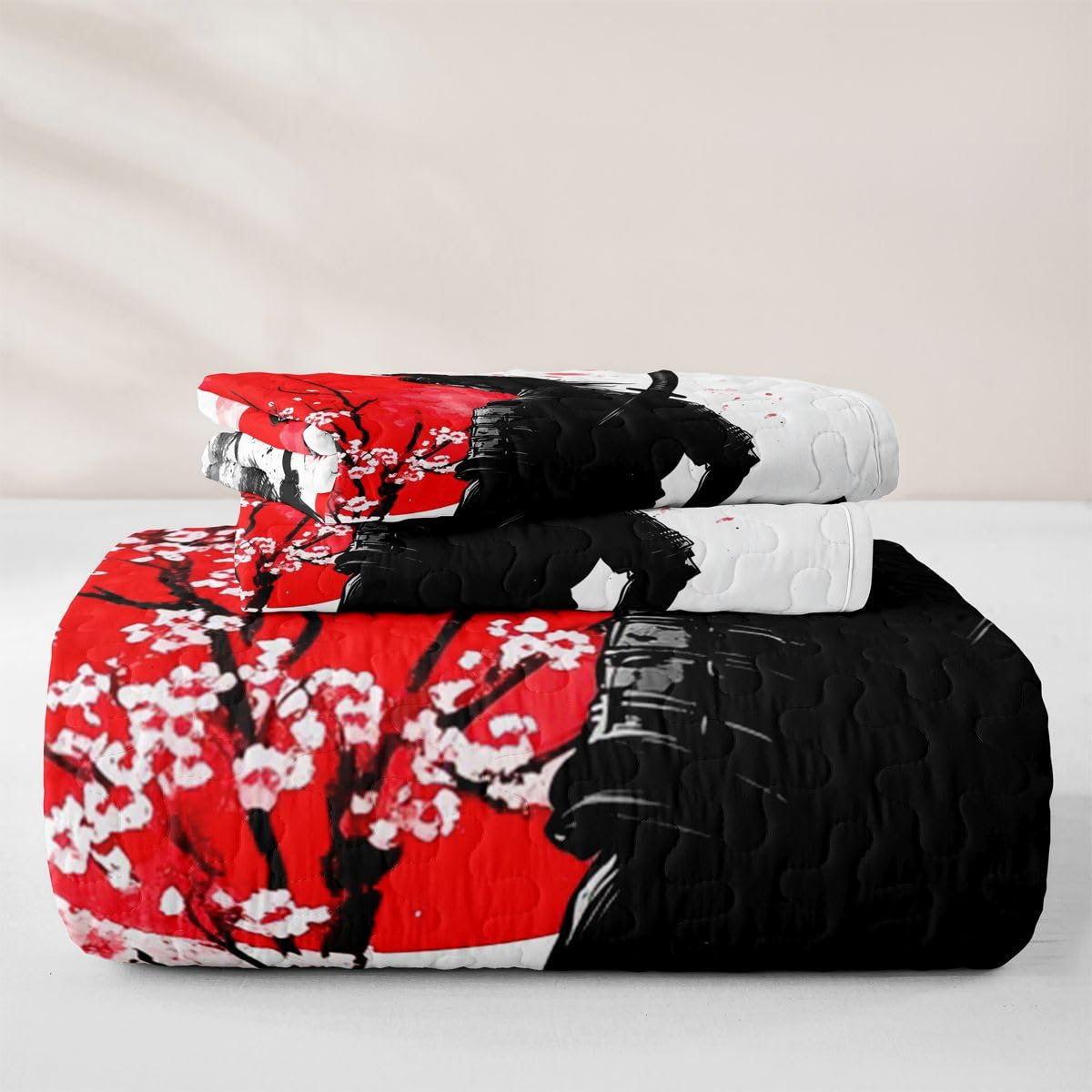 Erosebridal Geisha and Samurai Quilt Twin Size - Red Sun Bedspread Japanese Style Bed Coverlet with 1 Pillowcase