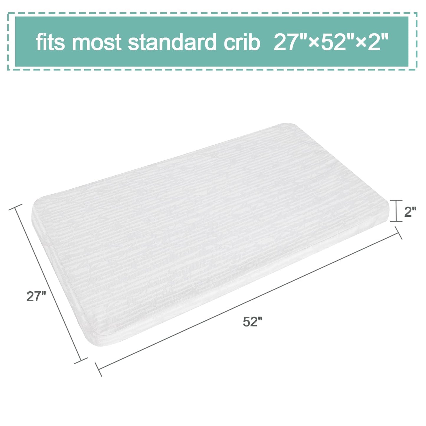 Crib Mattress Topper 52" x 27" x 2" for Toddler/Crib Bed, Memory Foam Wateproof Mattress Pad with Removable Cover