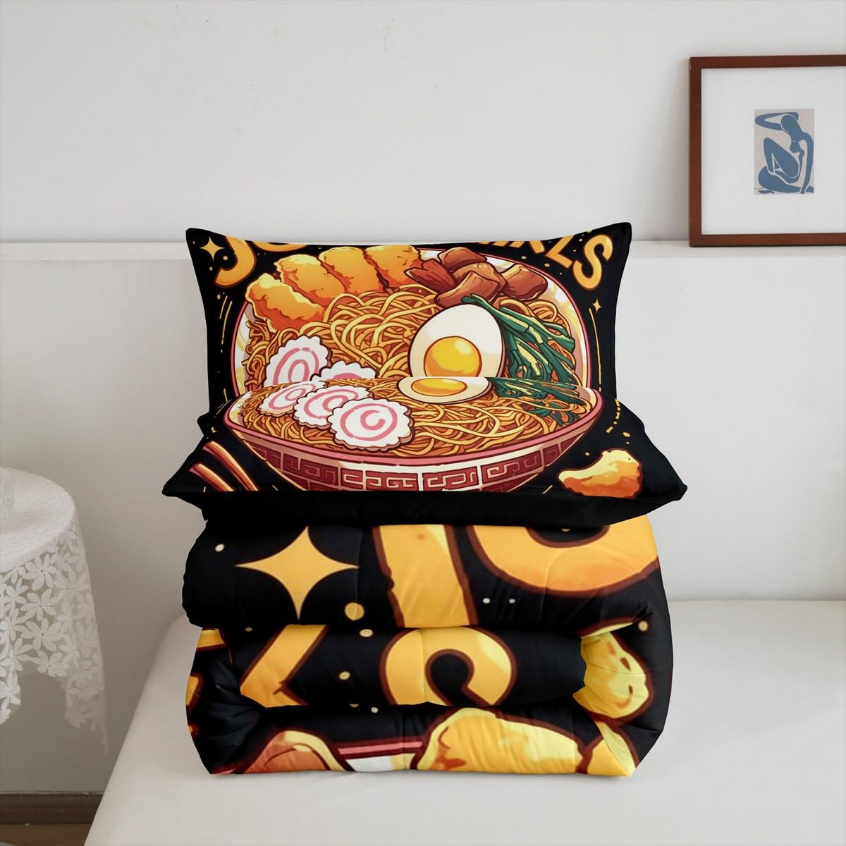 Erosebridal Japanese Ramen Bedding Set Queen,Ramen Noodle Comforter Set Funny Gifts for Kids Teens Adults,Anime Style Quilt Bed Set Food Theme Bedding Comforter Sets with 2 Pillowcases Room Decor
