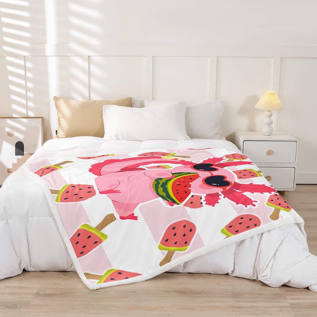 Feelyou Cute Axolotl Sherpa Blanket - Cartoon Watermelon Salamander Fleece Throw - Kawaii Ocean Sealife Plush Gift for Girls Women - Fuzzy for Sofa Bed Couch, 40x50 Inches