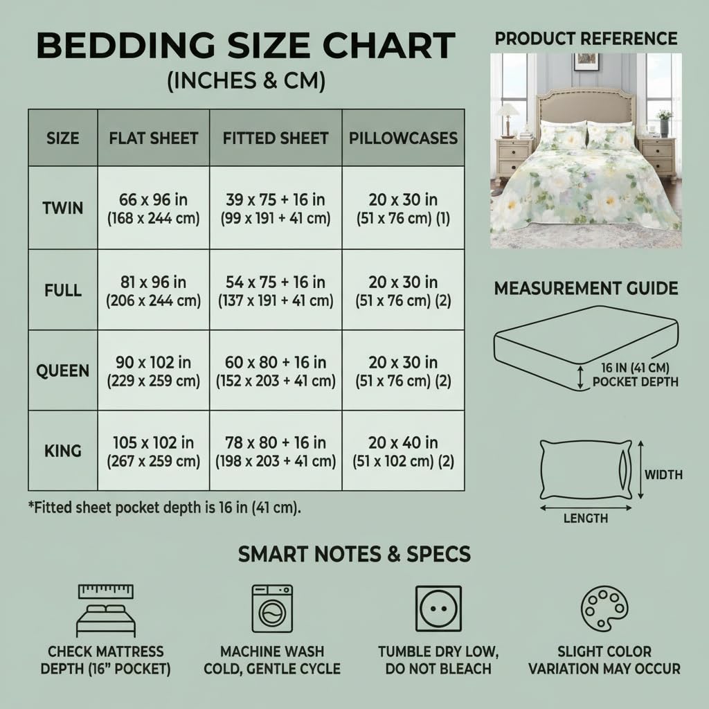YIYEA Floral Sheets Twin Size, Premium Double Brushed Microfiber Bed Sheet Set for All Season, Soft Breathable, 16" Deep Pocket, Shrinkage and Fade Resistant, 3PC, Twin