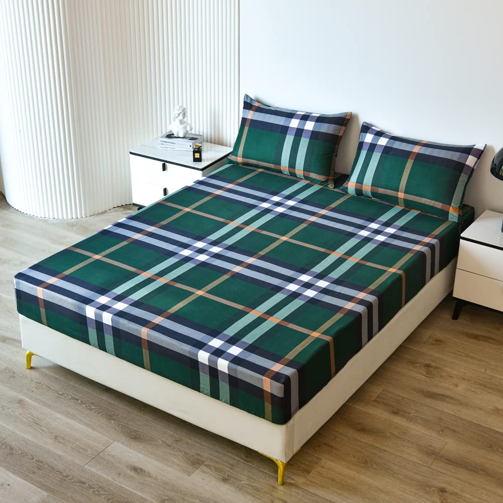 Buffalo Check Grid Fitted Sheet Twin Super Soft Green Plaid Gingham Bedding Sheet Microfiber Modern Geometric Stripe Deep Pocket Fitted Sheet Pillow Case Farmhouse Machine Washable Bed Cover