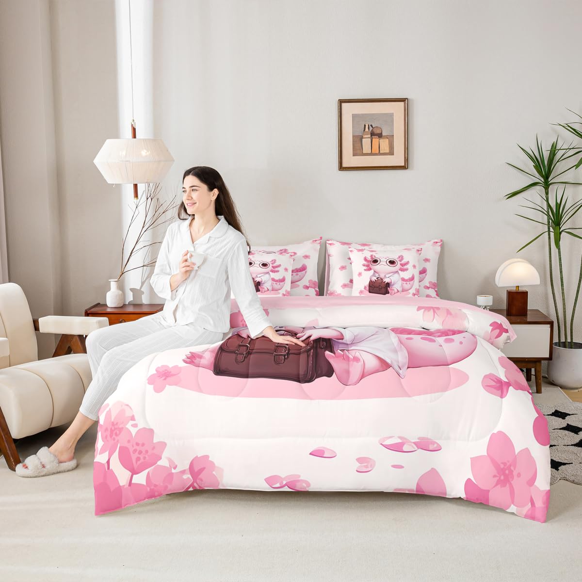 Erosebridal Pink Axolotl Comforter Set with Sheets (Queen Size,7 Pieces) | Pink Floral Cherry Blossom Quilt Cartoon Axolotl Bedding Sets Girly Cute Ocean Animal Bed in A Bag with Flat Fitted Sheets