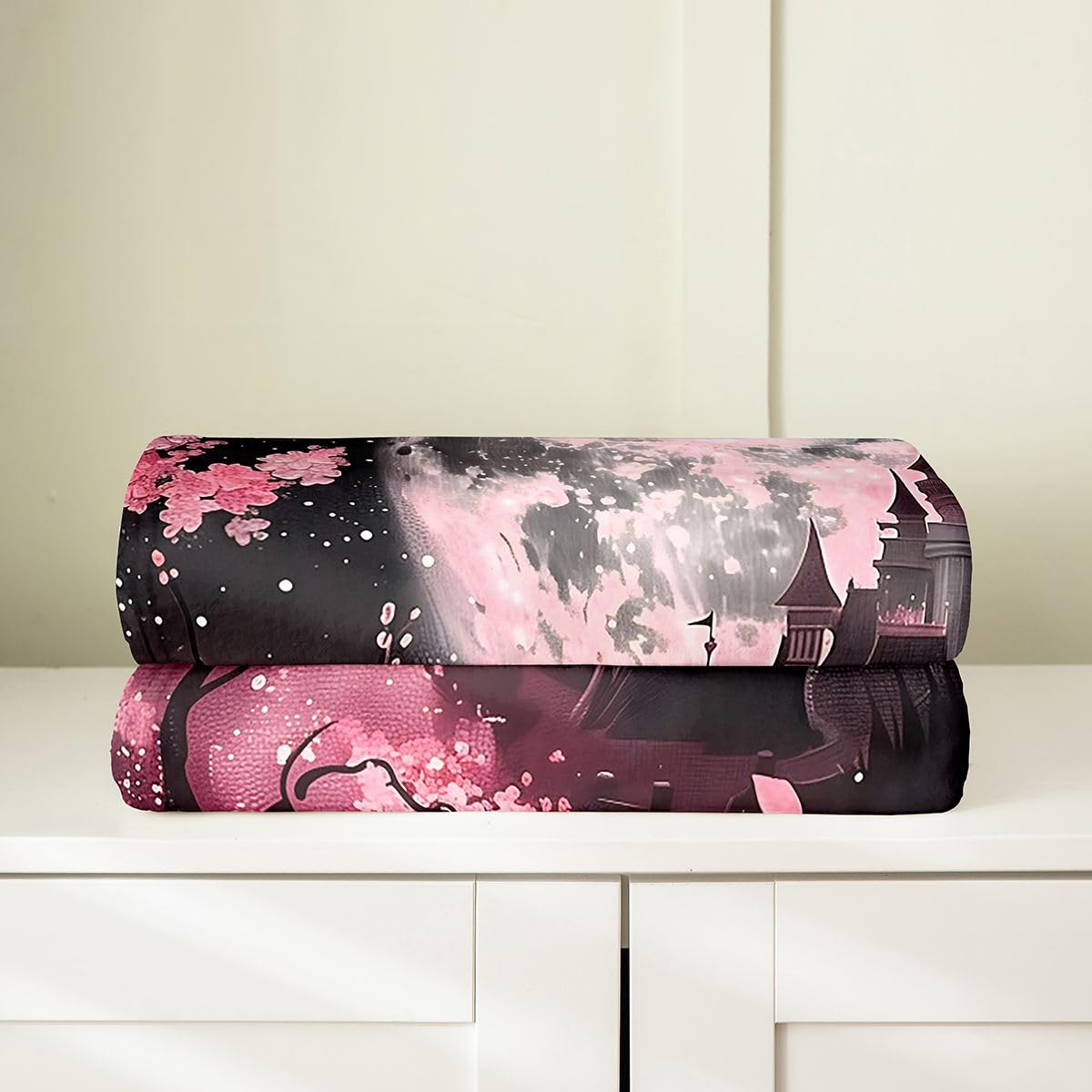 Feelyou Castle Flannel Blanket Plush Fuzzy Halloween Themed Fleece Throw Blanket for Boys Girls Cherry Blossoms Plush Lightweight Sofa Throw Goth Throw 50"x60" for Bed Couch Chair Living Room