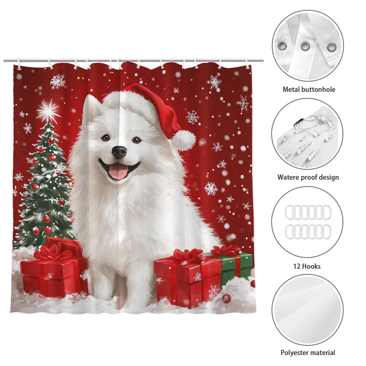 KEEPAEON Christmas Shower Curtain Samoyed Shower Curtains with 12 Hooks Waterproof Red Curtain for Bathroom,Bathtub Decor Shower Curtain Set 72x72 Inch