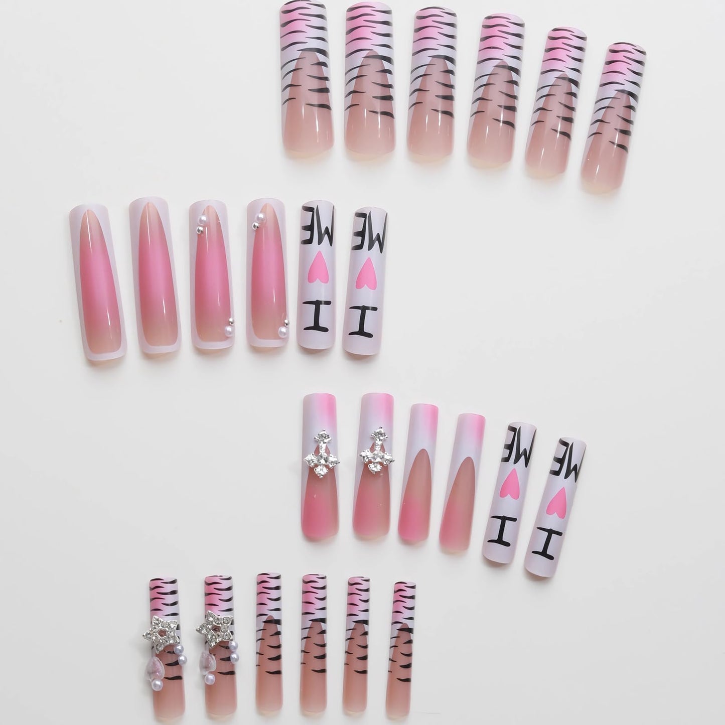 MISUD Press on Nails - Extra Long Square Fake Nails with Pink White, Acrylic Y2K Charms Design 24 pcs