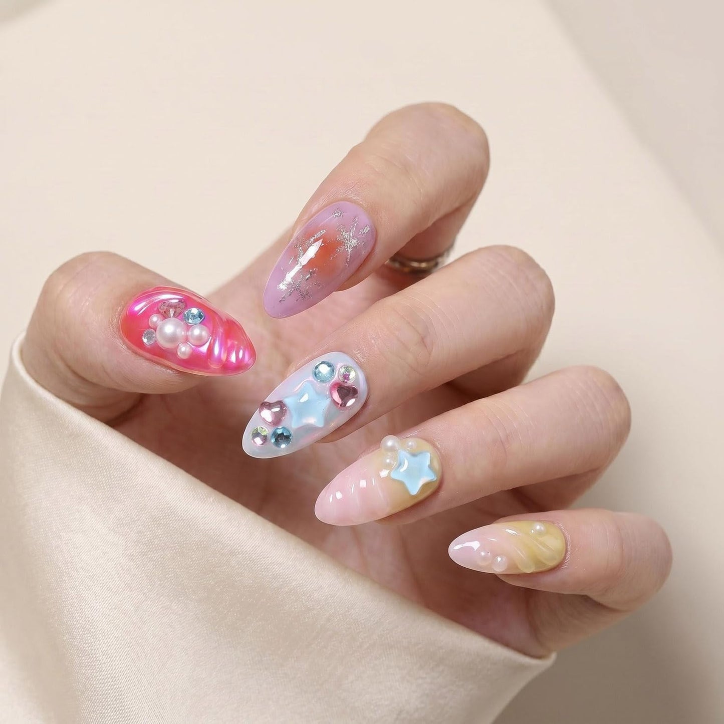 EasierGlow 10 Pcs Handmade Short Almond Press On Nails - Easy Apply & Remove, Reusable & Salon Quality | Y2K Multicolor Press Ons with 3D Butterfly, Star & Swirl Sculpted Accents(UO07, S)