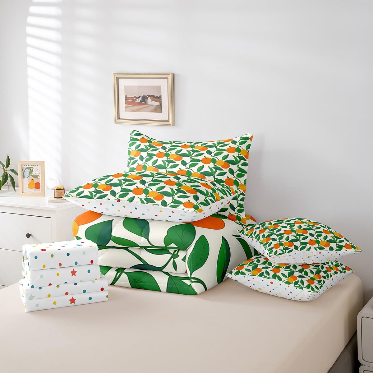 Orange Full Size Bed Sheets and Comforter Set,Kawaii Fruit 7 Piece Bedding Set Green Plant Leaves Bed in a Bag,Tangerine Orange Tropical Botanical Bed Sets