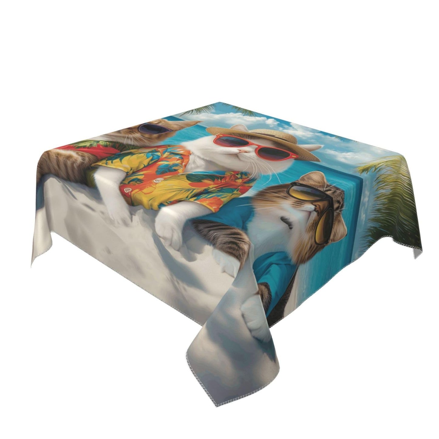 Entemne Square Table Cloth 55x55 Inch Funny Animal Cat Sea Beach Tablecloth Washable Soft Wrinkle Free Dust Proof Card Table Cover for Tea Party Picnic Kitchen Dining Decor