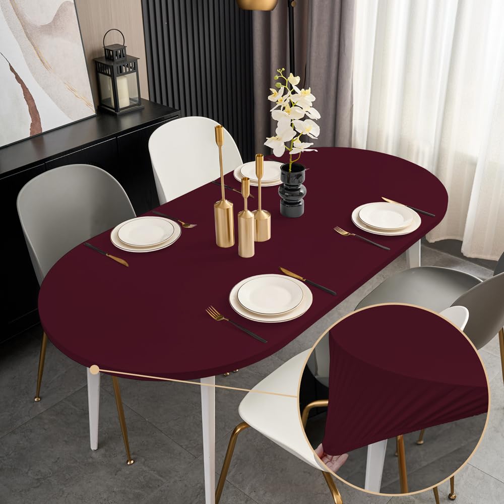 Sofits Burgundy Fitted Oval Tablecloth with Elastic 48x72 Inch Outdoor Table Cover Spandex Stretchy Solid Color Red Fabric Dining Table Cloth for Party Wrinkle Free Non Slip