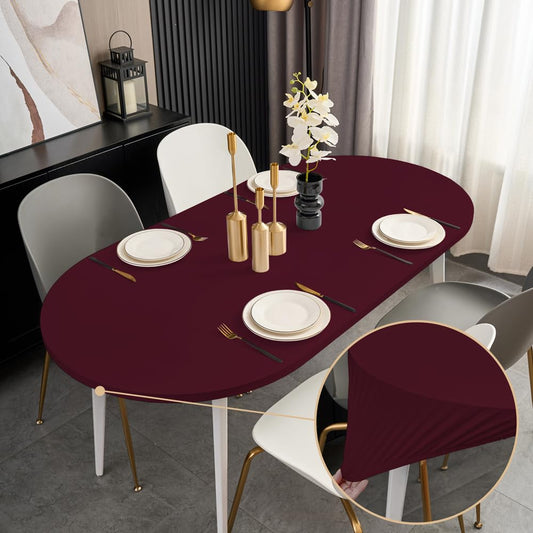 Sofits Burgundy Fitted Oval Tablecloth with Elastic 48x72 Inch Outdoor Table Cover Spandex Stretchy Solid Color Red Fabric Dining Table Cloth for Party Wrinkle Free Non Slip