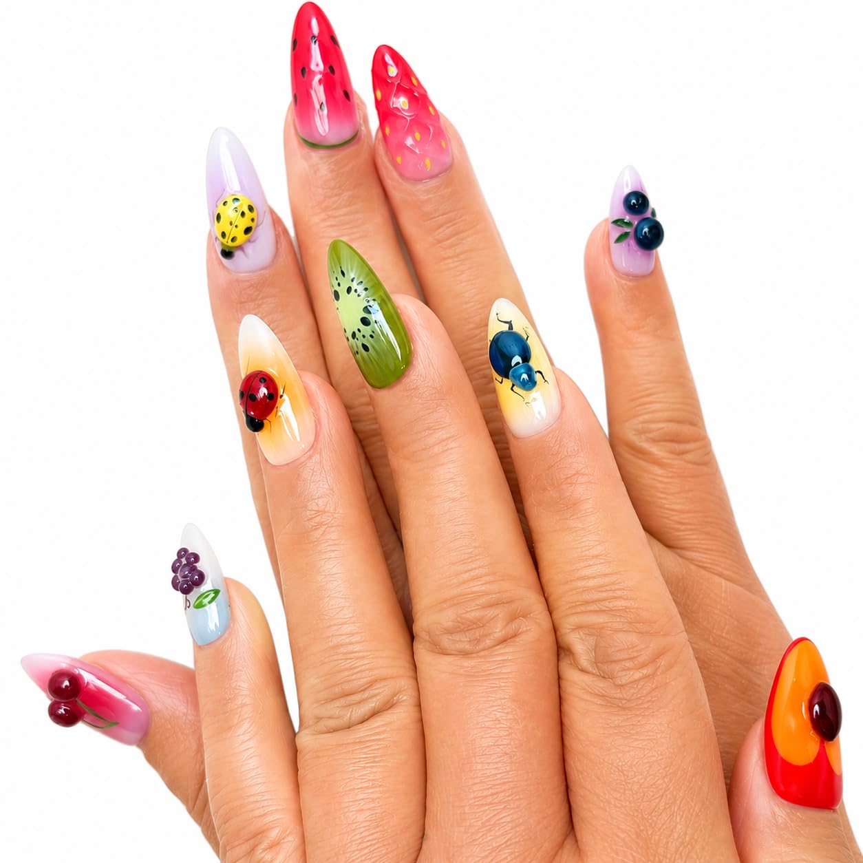 Handcrafted Press On Nails 3D Stereo Fruit and Insect Theme Fun Cherry Strawberry Kiwi Shape 100% Handmade Realistic Artistic Hand Nail Gifts For Women (3D Fruit Insect, Medium M)