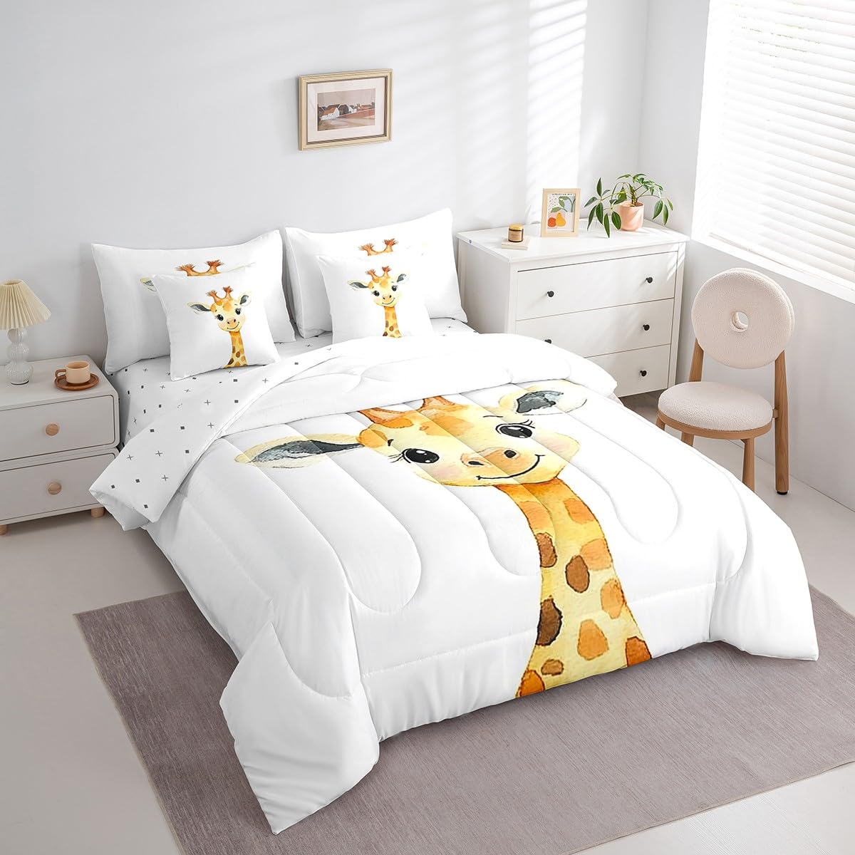 Erosebridal Kawaii Giraffe Twin Size Comforter Set with Sheets Kids | African Jungle Animal 7-Piece Bedding Set Tropical Forest Wildlife Pattern Bed in a Bag Cartoon Wild Safari Animal Bed Quilt Sets