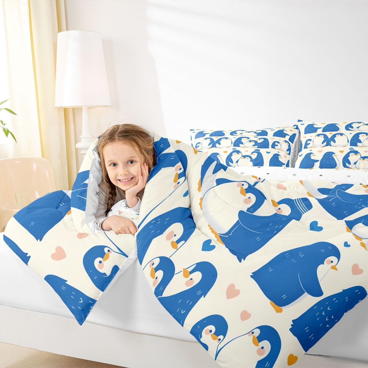 Erosebridal Kawaii Penguin Bedding Set Queen Blue Cute Penguins Comforter Set for Kids Boys Girls Antarctic Wild Animal Print Down Comforter,Yellow Love Heart Pattern Quilt Duvet