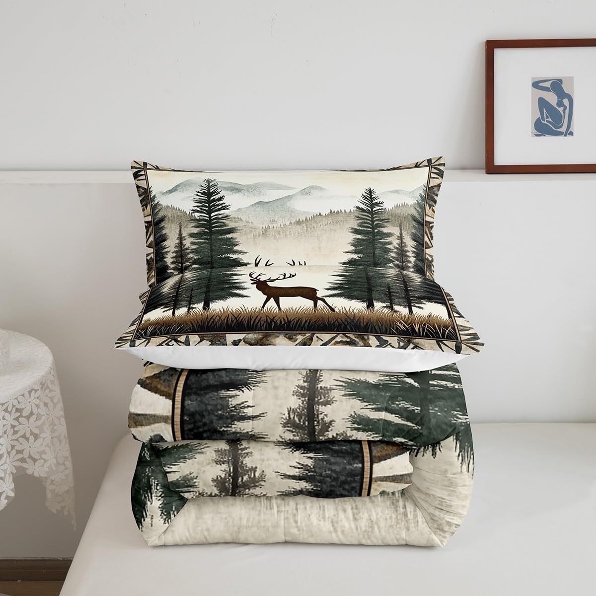 Deer Bedding Set Full Size,Pine Tree Animal Comforter Set for Kids Girls Boys Adults Room Decor,Foggy Mountain Plant Wildlife Duvet Insert 3Pcs,Retro Rustic Style Microfiber Quilt Set,2 Pillowcases