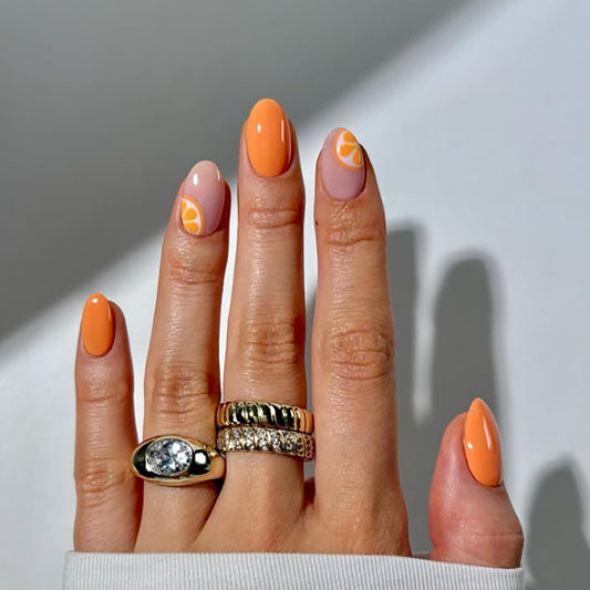 Orange Press On Nails Short Almond Fake Nails Press Ons With Orange Design False Nails Summer Acrylic Nails Glossy Glue On Nails For Women