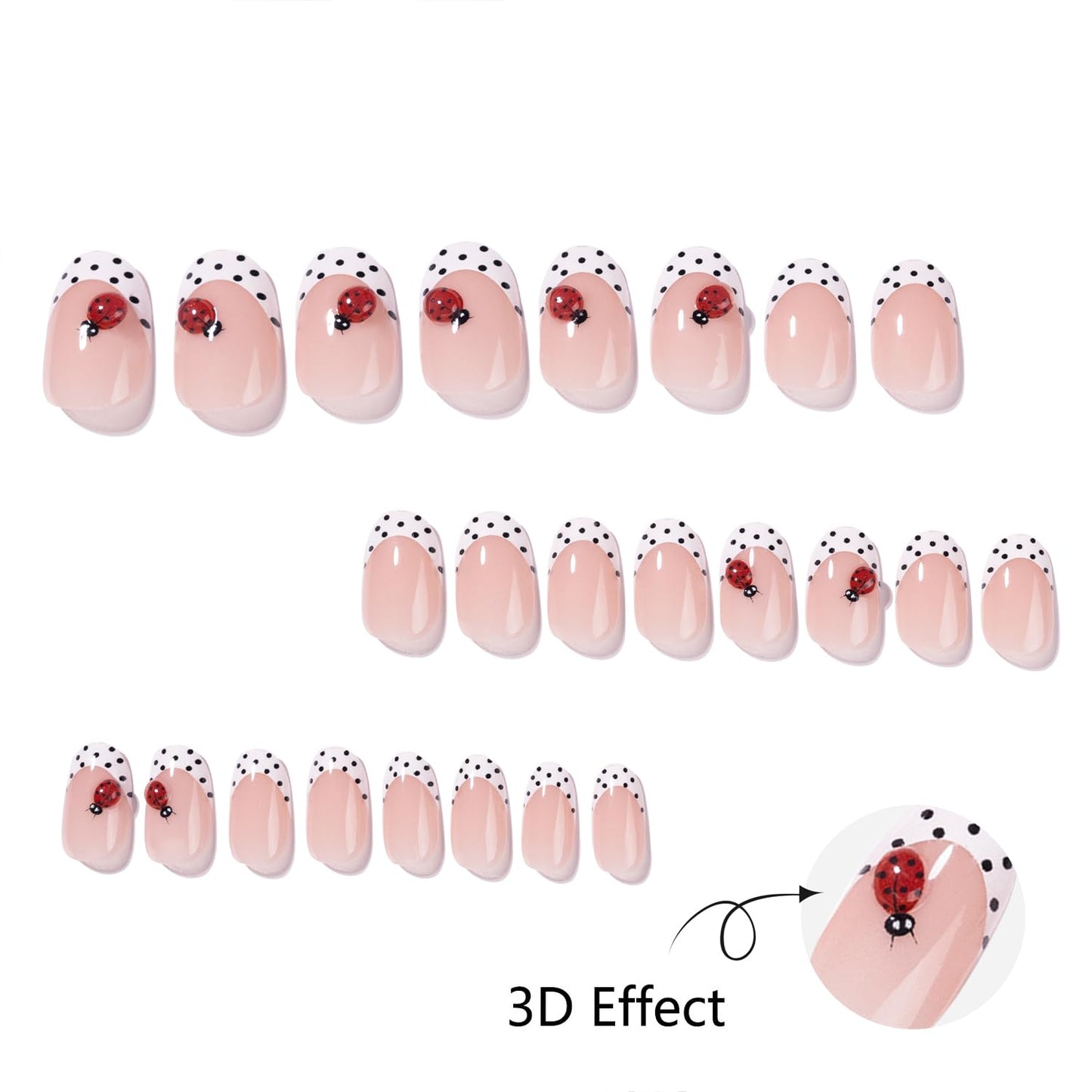 3D Short Oval French Tip Press‑On Nails — Nude Pink with White Polka Dots & Cute Ladybug, Glossy Acrylic Stick‑On Reusable Full‑Cover False Nails for Women & Girls — Easy‑Apply Tabs, Salon‑Quality