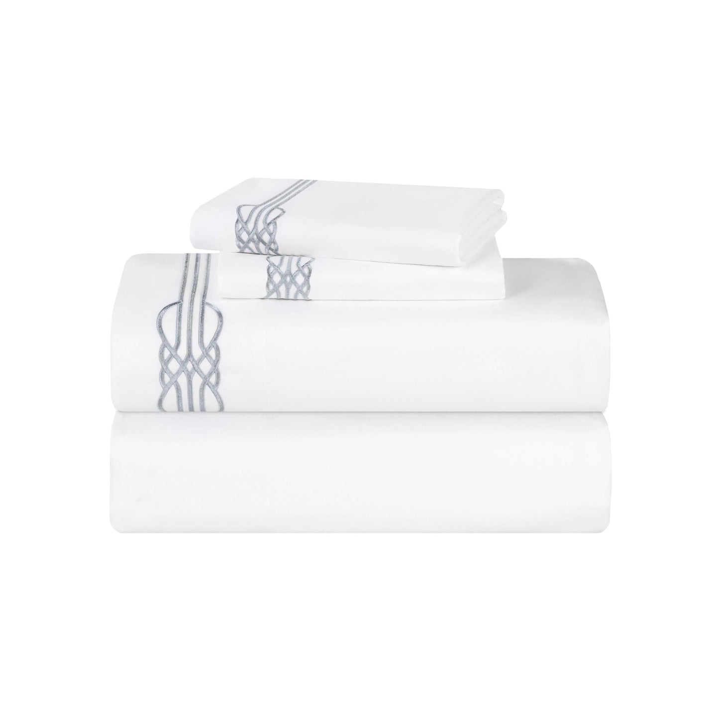 Superior Embroidered Cotton Bed Sheet Set, 1 Elastic Deep Pocket Fitted Sheet, 1 Flat Sheet, 2 Pillowcases, Daily Soft Sheets, Luxury, Elegant Design, Moonlawn Collection, Queen Size, White/Silver