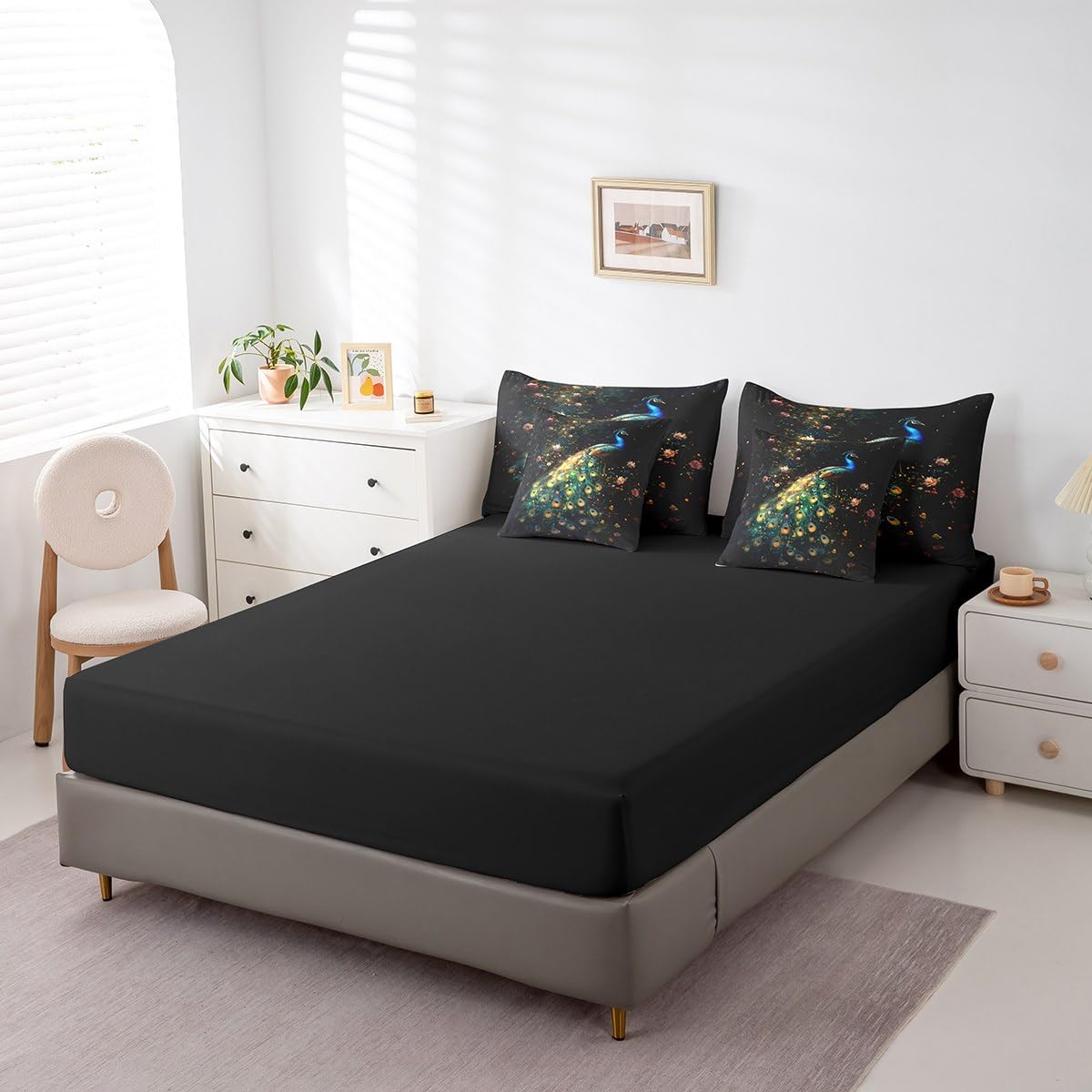 Erosebridal Peacock Comforter Set King Size,Oil Painting Peacock Bird Bedding Set for Kids Teens,Groovy Floral (Comforter+Fitted+Flat Sheet+2 Pillowcases+2 Throw Pillow Covers) 7 Pieces Bed Set