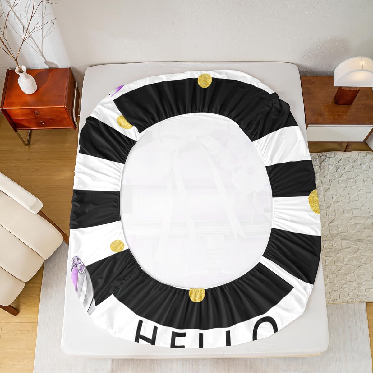 Erosebridal Black and Purple Bed Sheets King Size Fashion Black White Girly Sheets for Girl Women Modern Flower Floral Perfume Striped Sheet Set High Heels Magazine Books Bedding Set