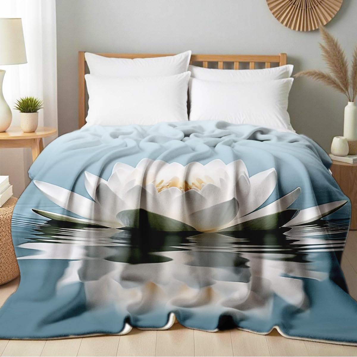 HUNXIAOJ Lotus Flower on Water Print Blanket White Floral Throw Blanket Zen Flannel Throw for Couch Bed Office Yoga Room Meditation Spa Decor Gifts (49"x59")