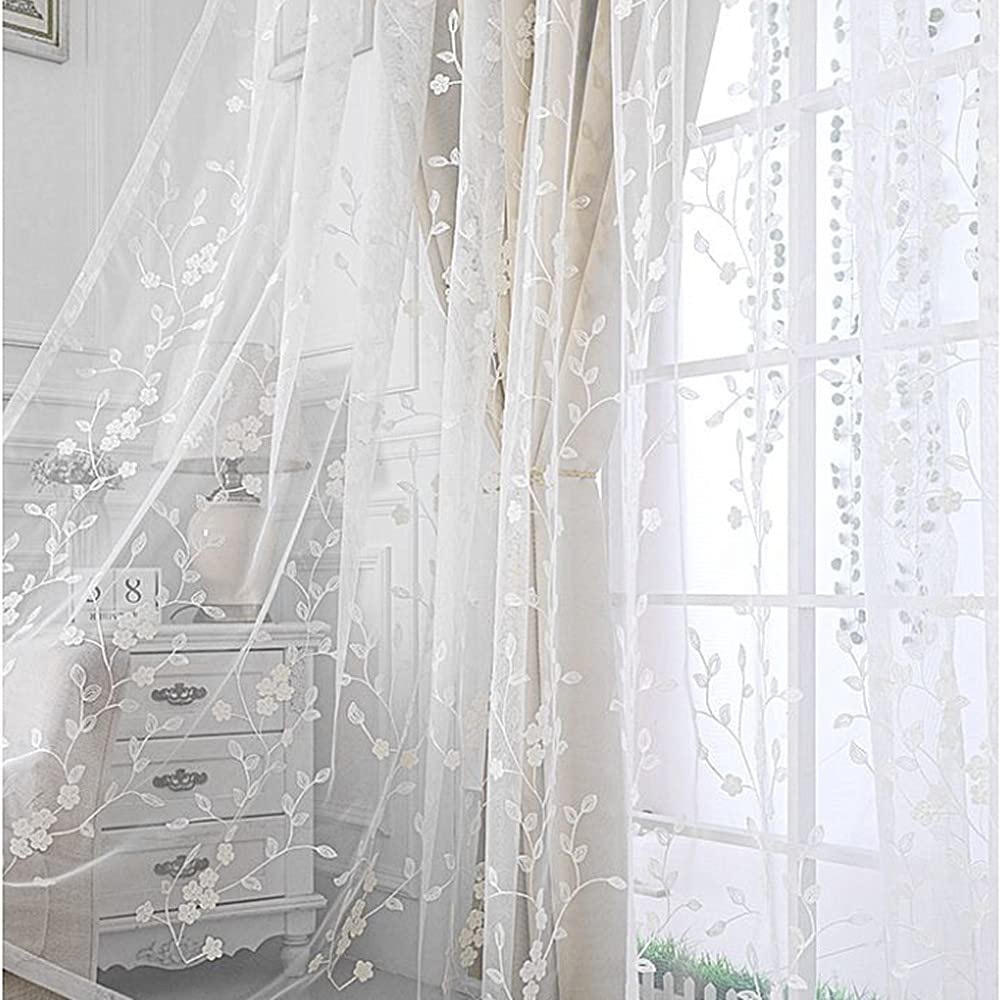 Amidoudou 1 Pair Double Layer Flower Curtains for Girls Room Living Room Pastoral Flowers and Leaf Embroidered Curtains for Bedroom (Beige,54x96 Inch)